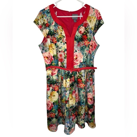 Rabbit Rabbit Rabbit Floral Pink Trim Belted Dress Size 16P Cottagecore Summer - Picture 5 of 10